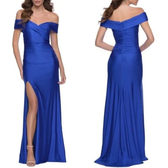 La Femme 29781 Off Shoulder Ruched Draped Full Length Gown in Royal Blue 4 - Picture 1 of 7